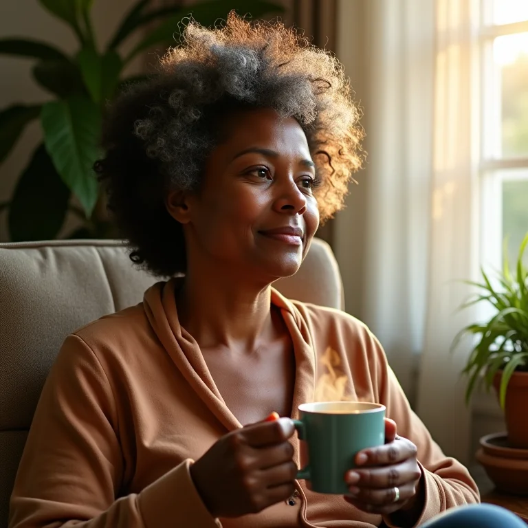 Mulher brasileira relaxando com uma xícara de chá de ervas.