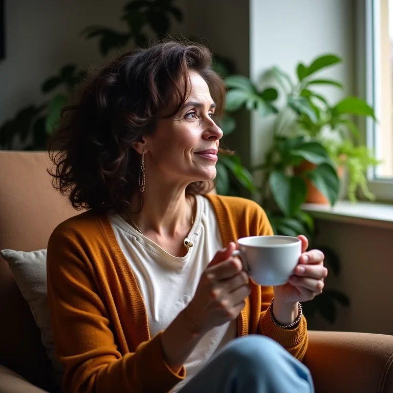 Mulher brasileira relaxando com uma xícara de chá de Laranja da Terra