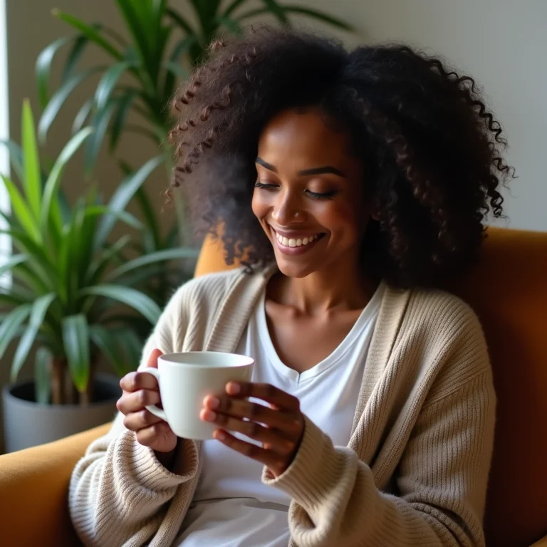 Mulher brasileira relaxando com uma xícara de chá Vick.