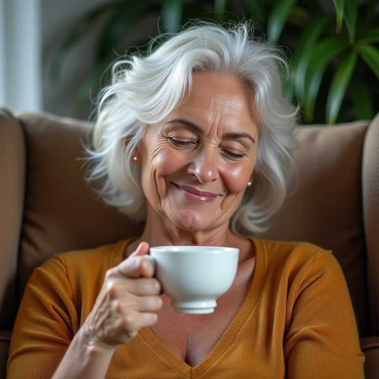 Mulher brasileira relaxando com xícara de chá de camomila.