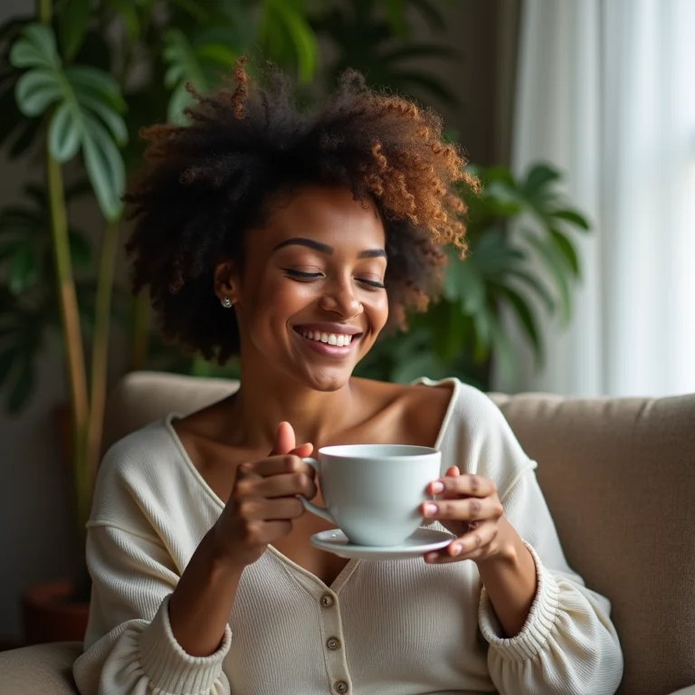 Mulher brasileira relaxando com xícara de chá