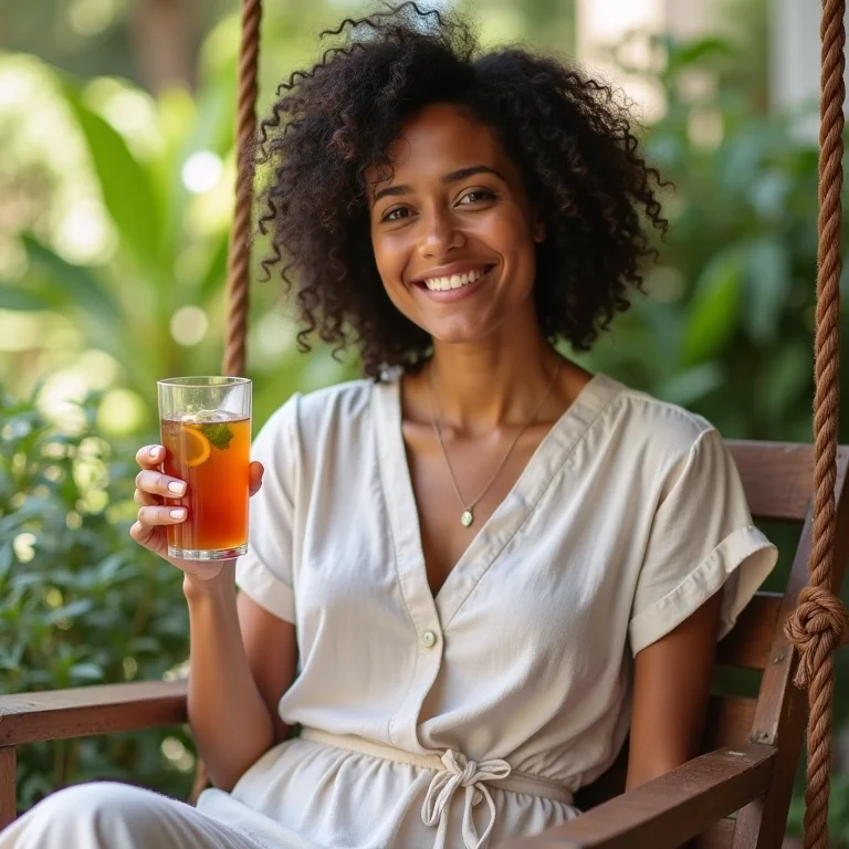 Mulher brasileira se hidratando com chá gelado em varanda ensolarada