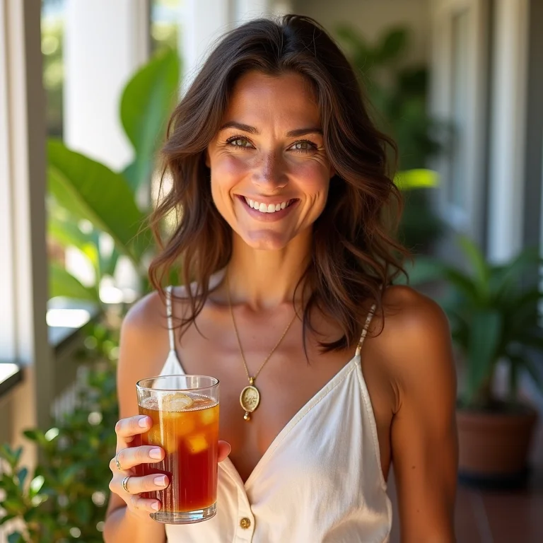 Mulher brasileira sorrindo com chá gelado com rum em varanda ensolarada