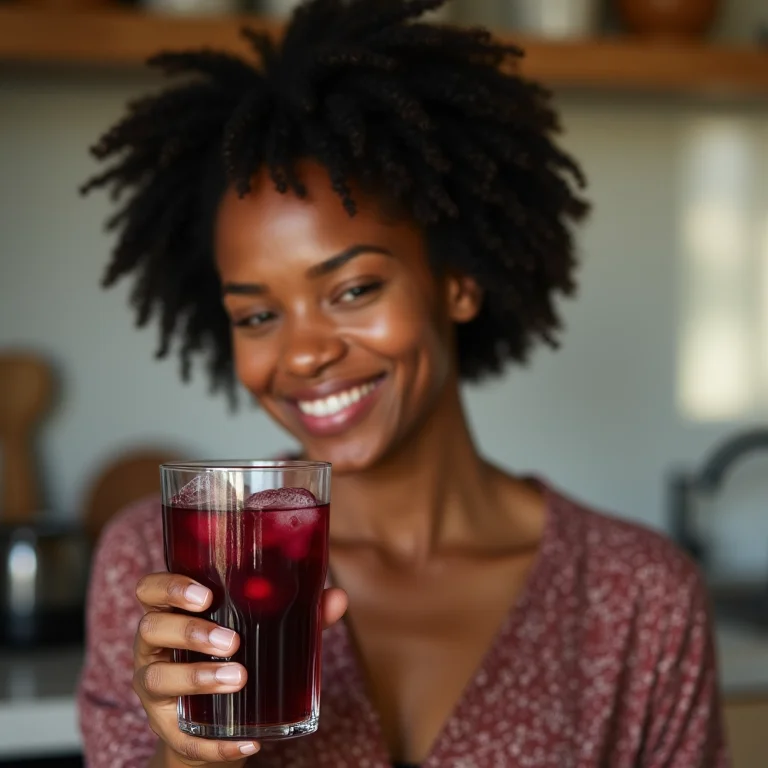 Mulher brasileira sorrindo com chá gelado de amora na cozinha