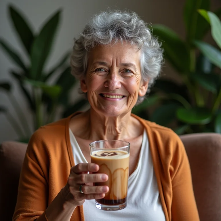 Mulher brasileira sorrindo enquanto aprecia um chá gelado com Nutella.