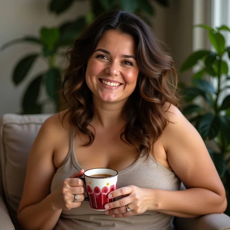 Mulher brasileira sorrindo enquanto bebe chá de hibisco.