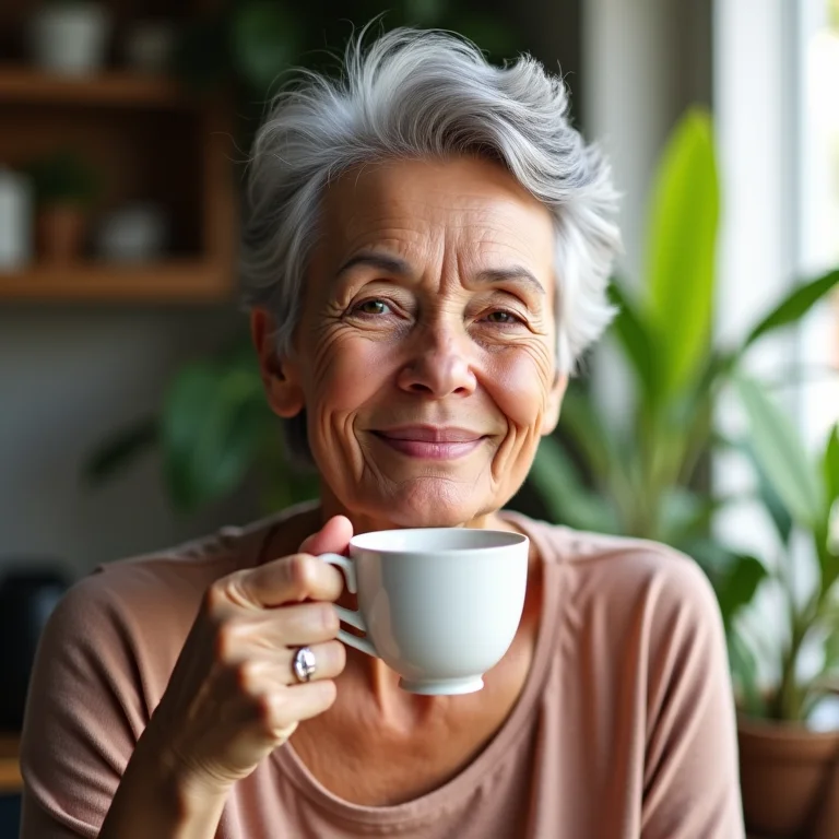 Mulher brasileira sorrindo enquanto bebe chá em uma cozinha ensolarada.