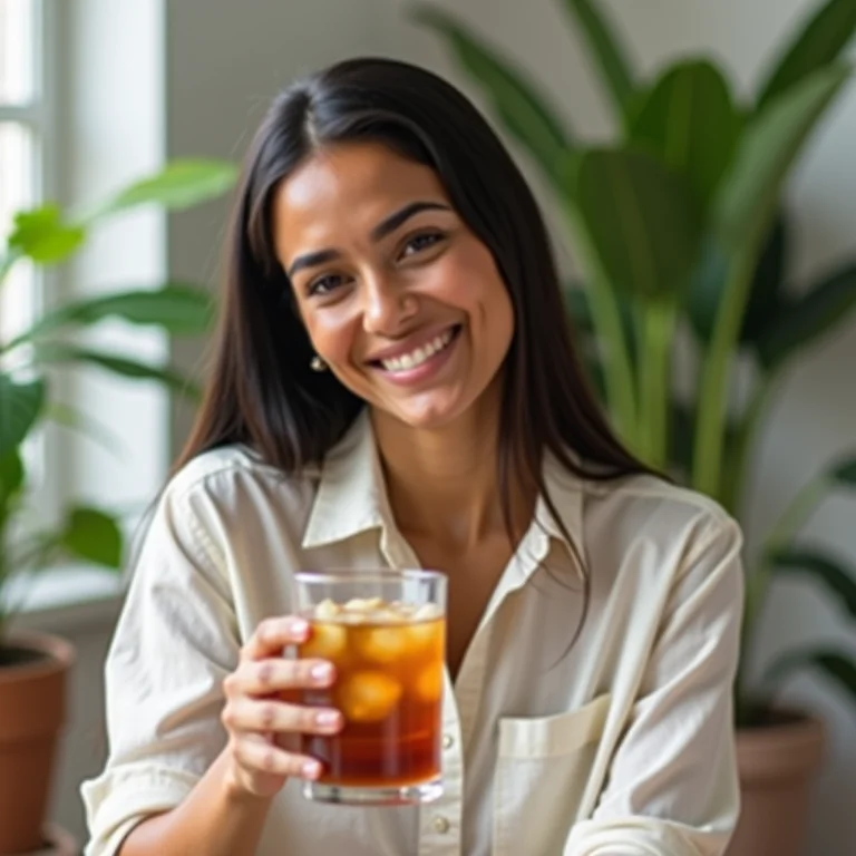 Mulher brasileira sorrindo enquanto se hidrata com chá gelado.