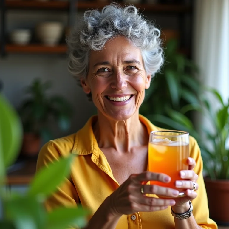 Mulher brasileira sorrindo enquanto segura um copo de chá gelado de laranja amarga.