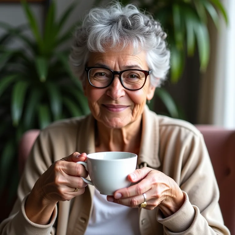 Mulher brasileira sorrindo enquanto segura uma xícara de chá de hibisco.