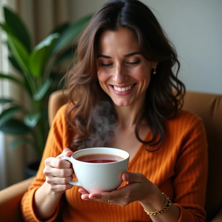 Mulher brasileira sorrindo enquanto segura uma xícara de chá de hibisco.