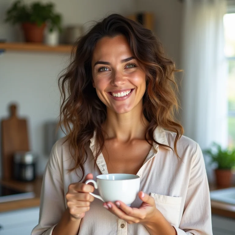 Mulher brasileira sorrindo enquanto segura uma xícara de chá de abacaxi com gengibre