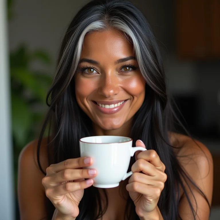 Mulher brasileira sorrindo enquanto segura xícara de chá de cavalinha, mostrando unhas fortes.