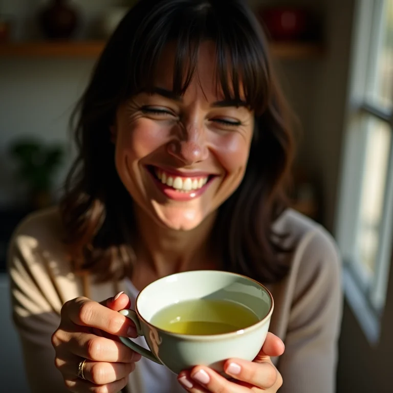 Mulher brasileira sorrindo enquanto toma chá de cavalinha