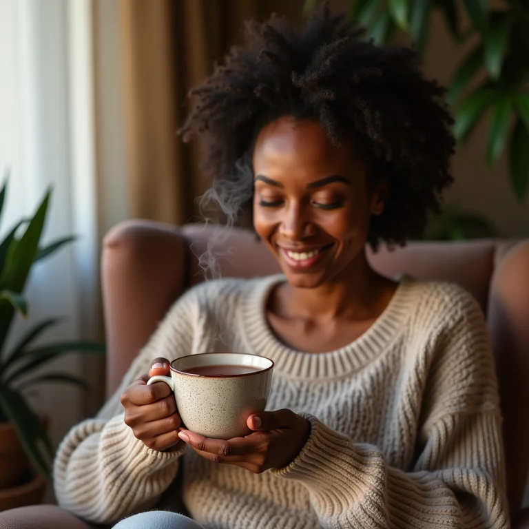 Mulher brasileira sorrindo suavemente com xícara de chá de romã
