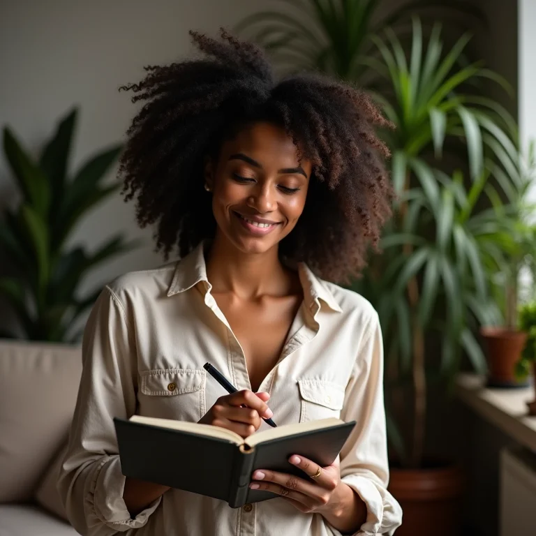 Mulher brasileira tomando chá de cavalinha e fazendo anotações.