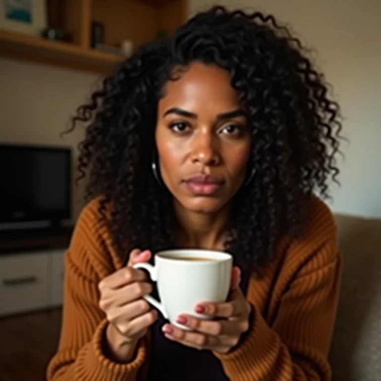 Mulher brasileira tomando chá de erva cidreira com olhar pensativo.