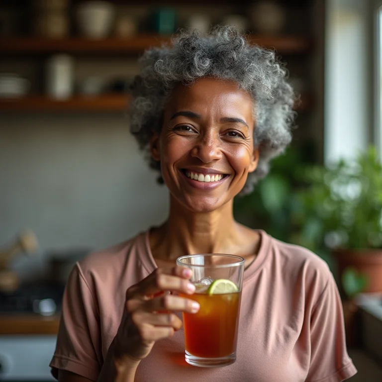 Mulher brasileira tomando chá gelado em cozinha aconchegante.