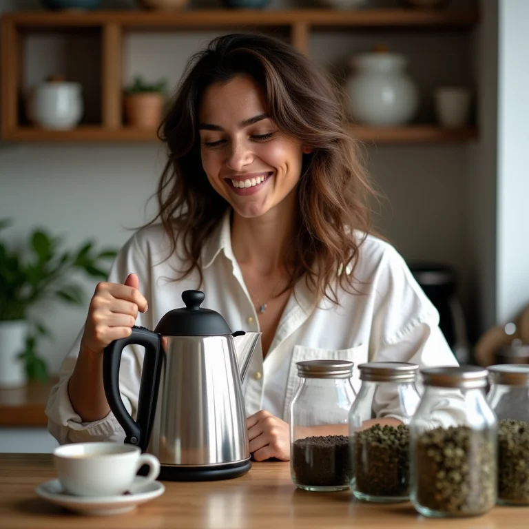 Mulher brasileira usando chaleira elétrica para aquecer água para chá