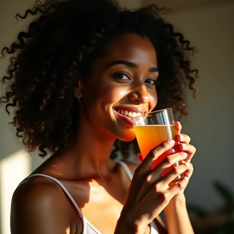 Mulher com cabelos cacheados bebendo chá com pele saudável e brilhante