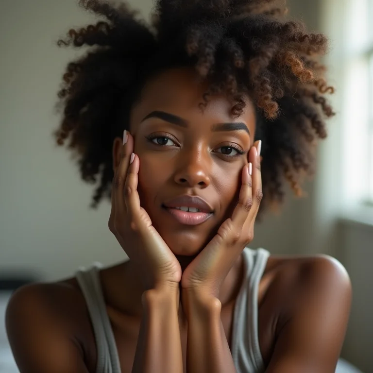 Mulher com expressão pensativa, com as mãos na testa.