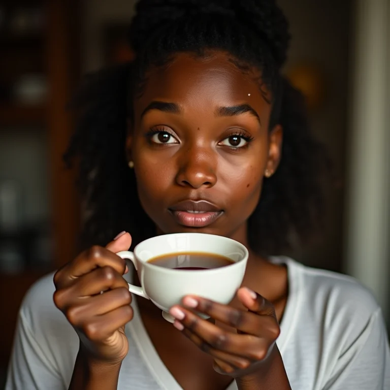 Mulher com lúpus segurando uma xícara de chá com expressão preocupada.