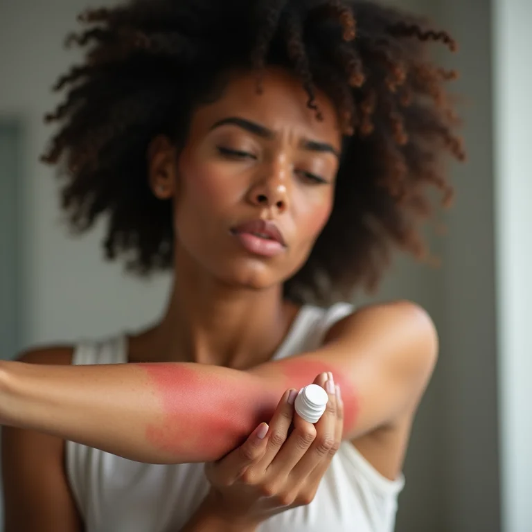 Mulher com reação alérgica na pele aplicando creme anti-histamínico.