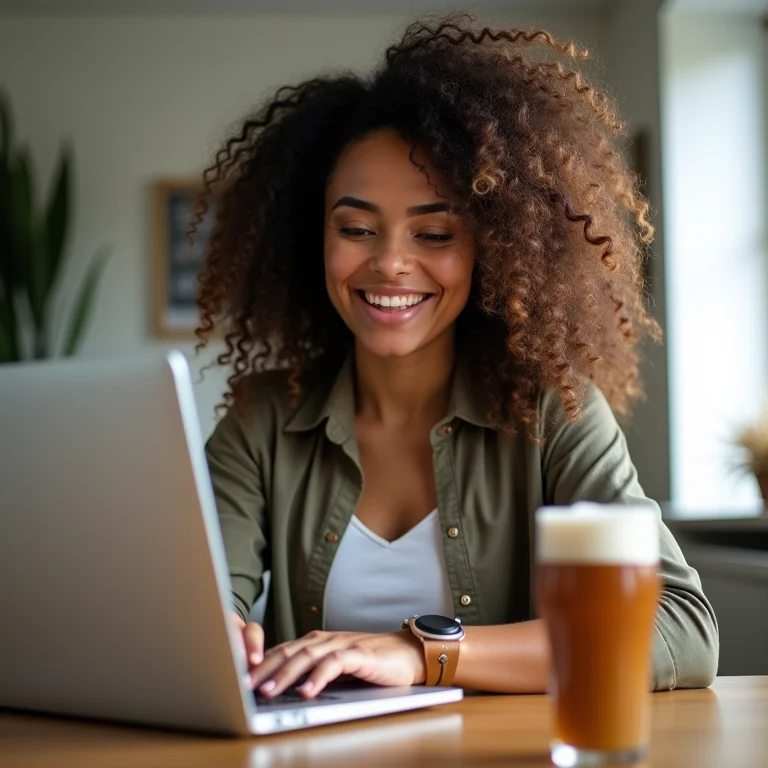 Mulher concentrada trabalhando com uma xícara de cevada solúvel na mesa