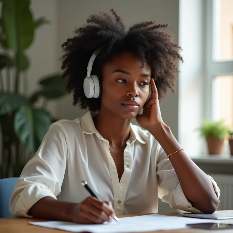 Mulher concentrada trabalhando em home office com fones de ouvido