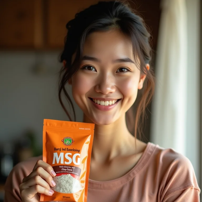 Mulher confiante segurando uma embalagem de MSG.