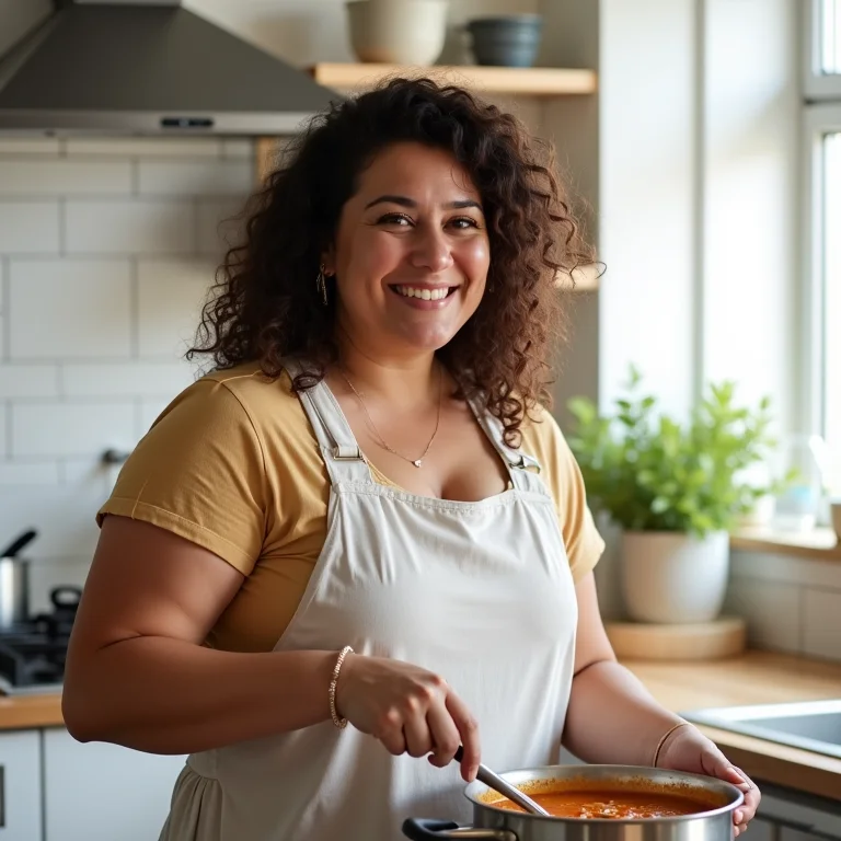 Mulher cozinhando sopa com poejo