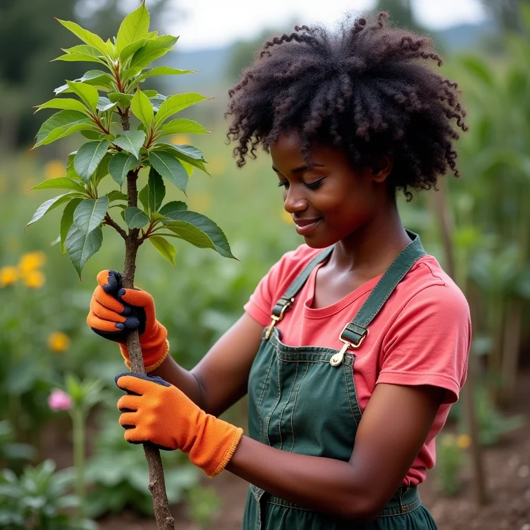 Mulher cuidando de aroeira no jardim
