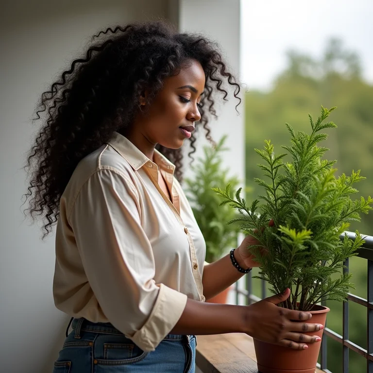 Mulher cuidando de planta de louro em vaso na varanda