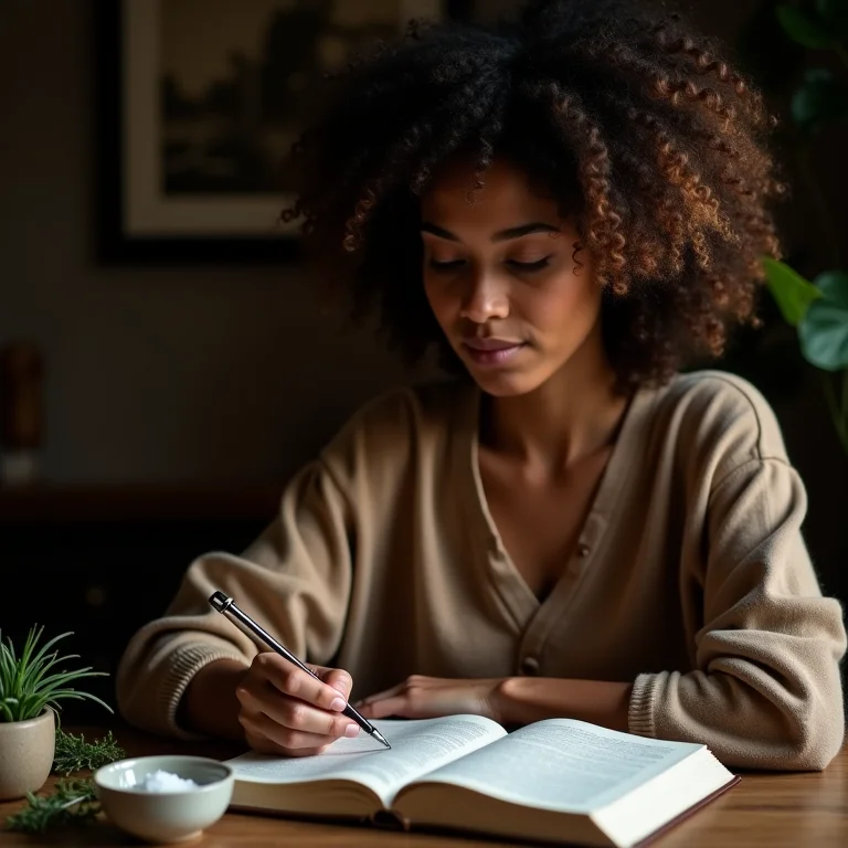 Mulher de cabelos cacheados escrevendo em um diário com arruda e sal grosso ao lado.