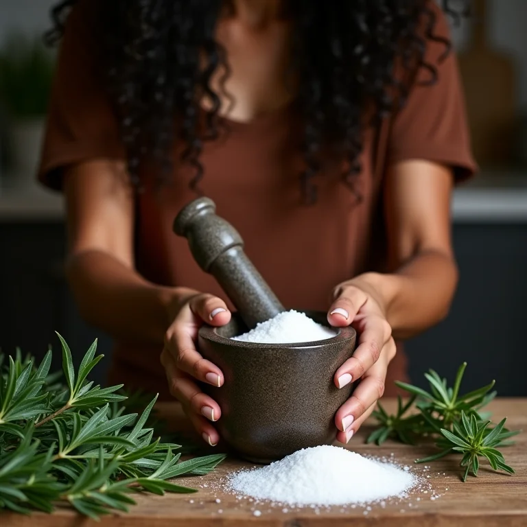 Mulher de pele morena triturando sal grosso com pilão.