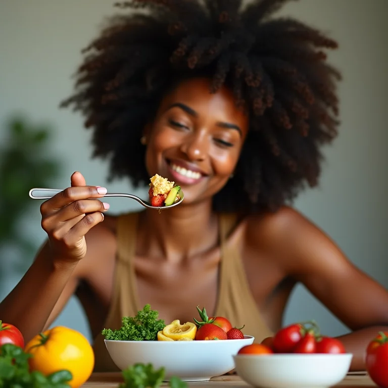 Mulher desfrutando de uma refeição simples e balanceada com ingredientes frescos