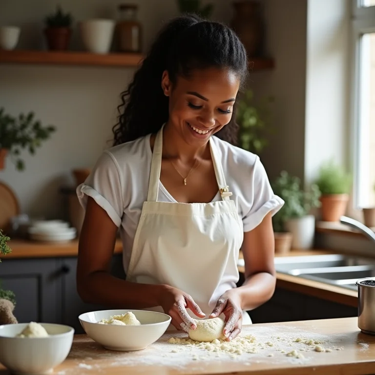 Mulher diversa amassando massa feita com sêmola de trigo.