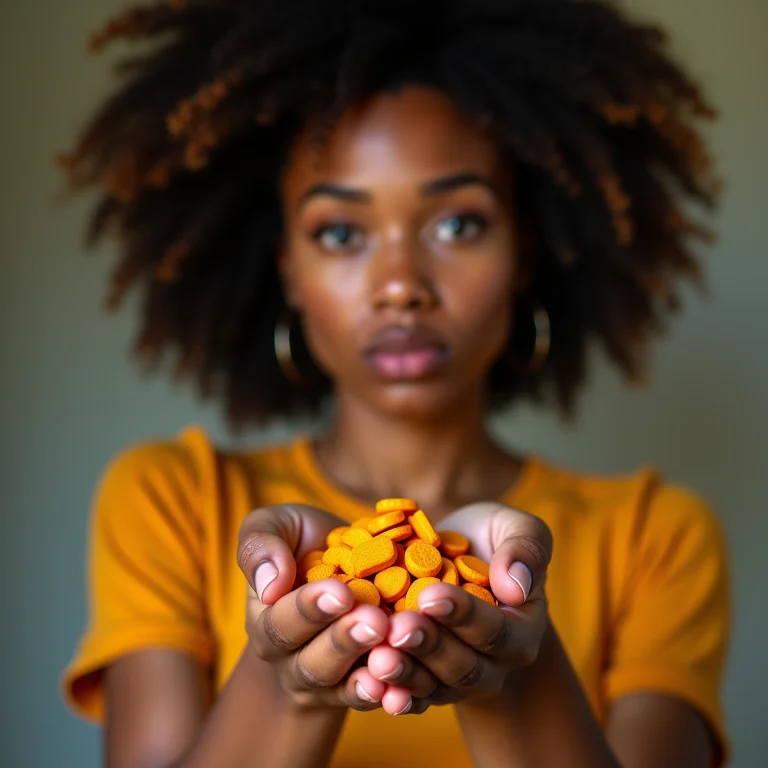 Mulher diversa segurando muitas pílulas de açafrão com ceticismo.