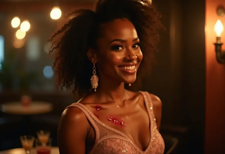 Mulher elegante com mancha de gordura no vestido de festa