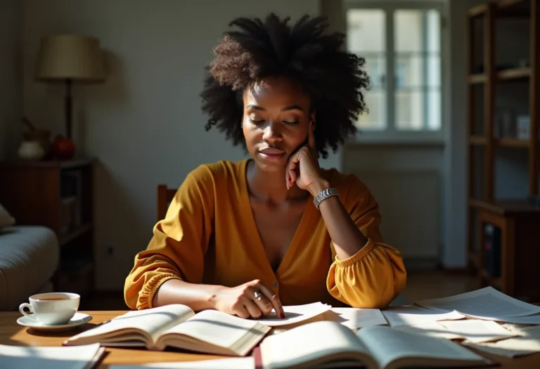 Mulher em um ambiente iluminado, cercada por papéis, transmitindo serenidade.