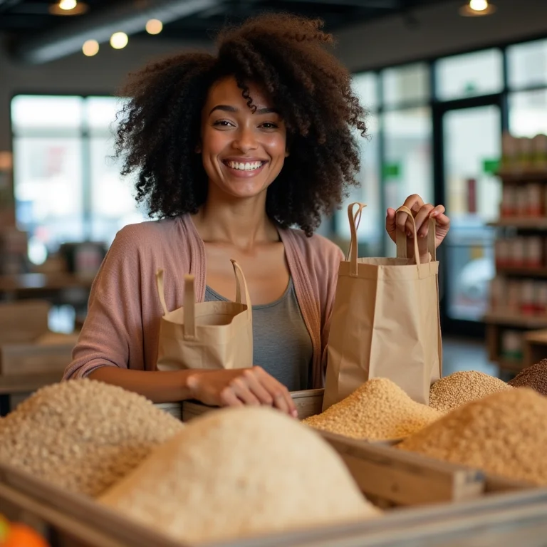 Mulher enchendo sacolas reutilizáveis com grãos a granel.