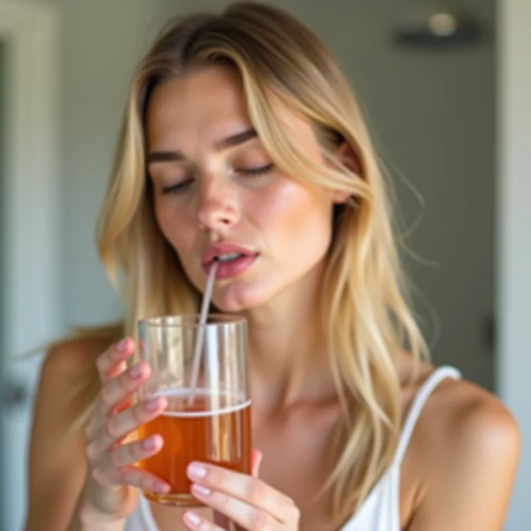 Mulher enxaguando a boca após tomar chá de hibisco.
