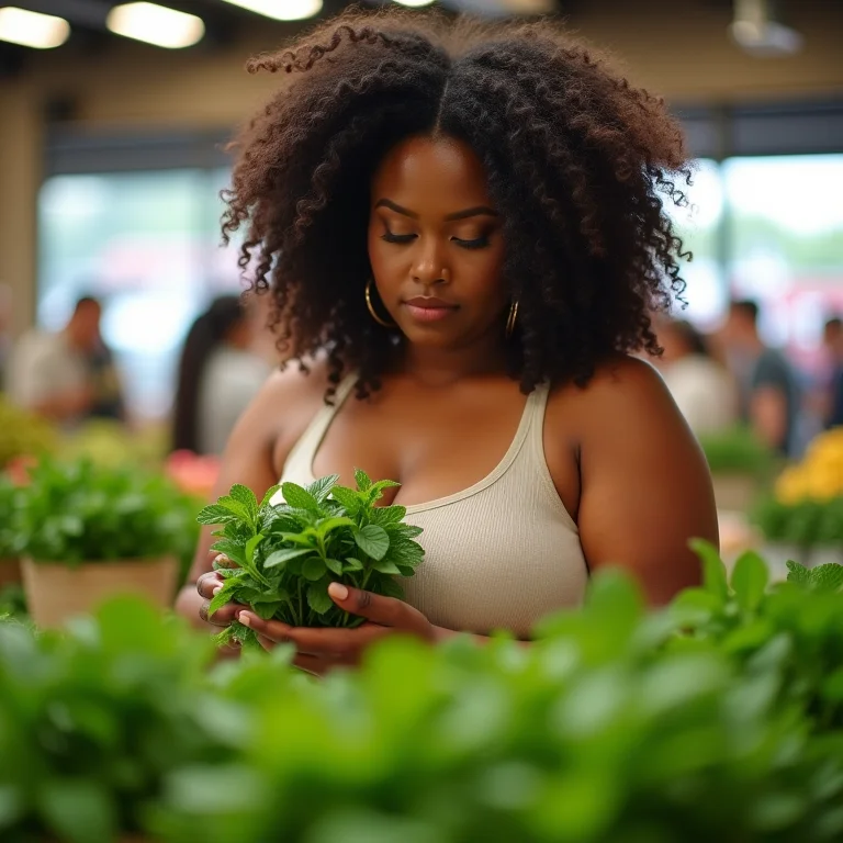 Mulher escolhendo hortelã fresca na feira