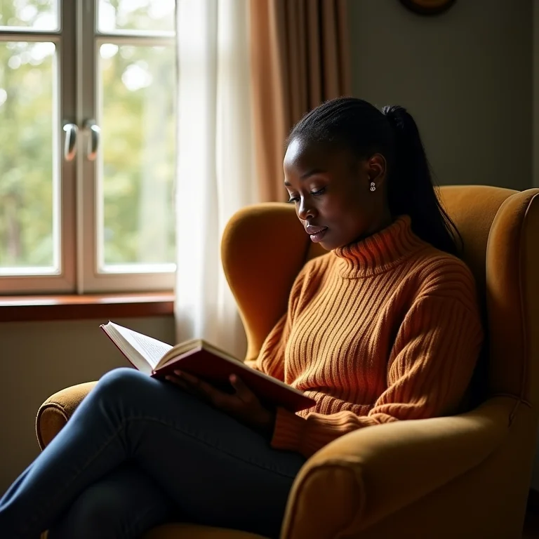 Mulher escrevendo em um diário em um ambiente acolhedor.