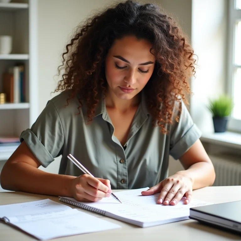 Mulher escrevendo em um planejador financeiro pessoal
