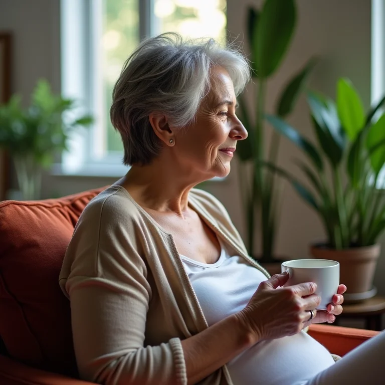 Mulher escutando seu corpo enquanto toma chá.