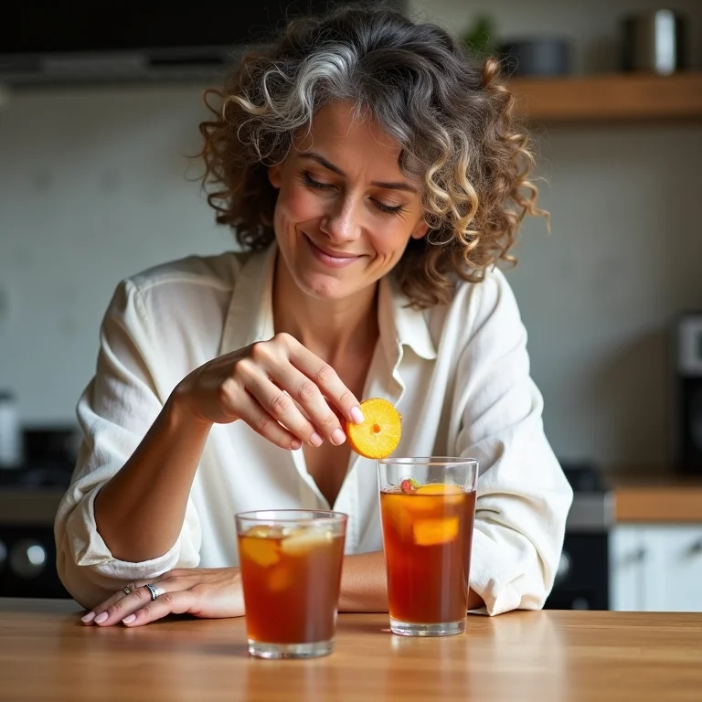 Mulher experimentando frutas como guarnição para chá gelado.