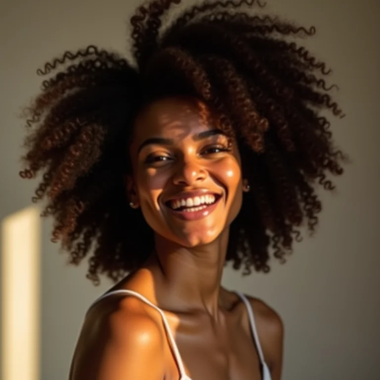 Mulher feliz com o cabelo forte e saudável