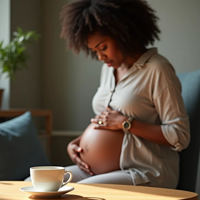 Mulher grávida preocupada com uma xícara de chá de ervas intocada na mesa.