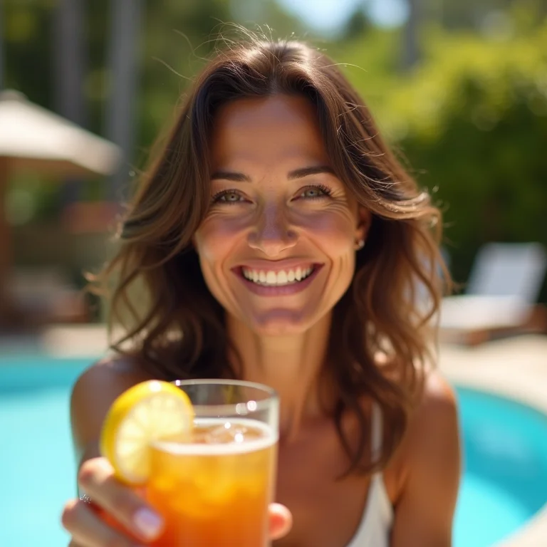 Mulher hidratada com chá e suco à beira da piscina